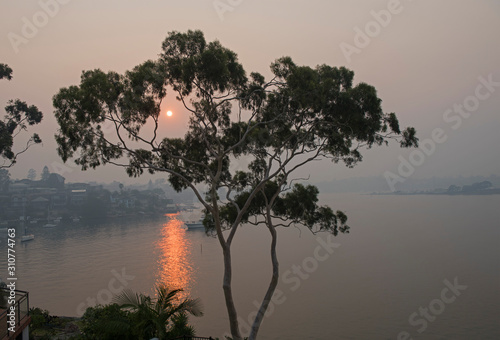 Photography Bushfire smoke over parramatta river, Sydney, Australia.