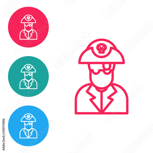 Red line Pirate captain icon isolated on white background. Set icons in circle buttons. Vector Illustration