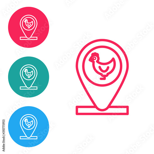 Red line Chicken farm and location icon isolated on white background. Set icons in circle buttons. Vector Illustration