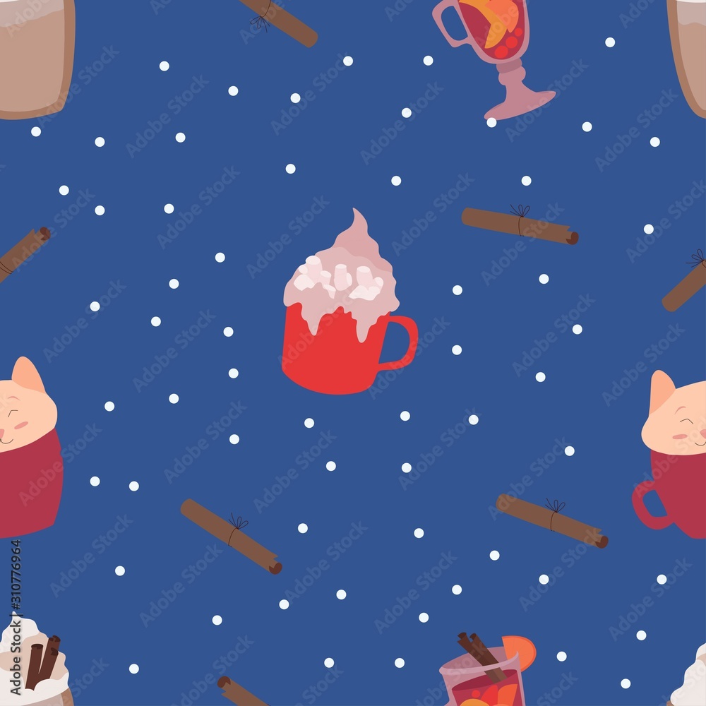 Winter drinks seamless pattern with hot chocolate with cream and marshmallow, cinnamon sticks, mulled wine on blue background