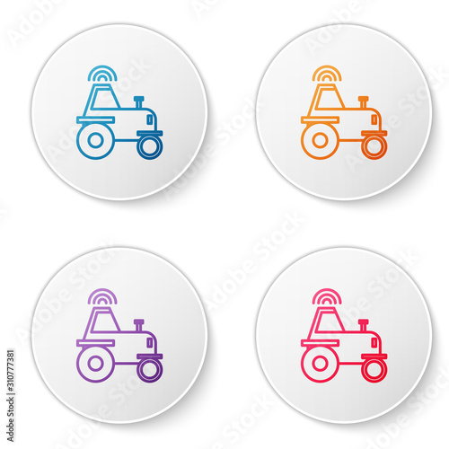 Color line Self driving wireless tractor on a smart farm icon isolated on white background. Smart agriculture implement element. Set icons in circle buttons. Vector Illustration