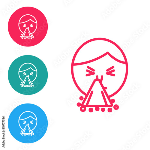 Red line Man holding handkerchief or napkin to his runny nose icon isolated on white background. Coryza desease symptoms. Set icons in circle buttons. Vector Illustration