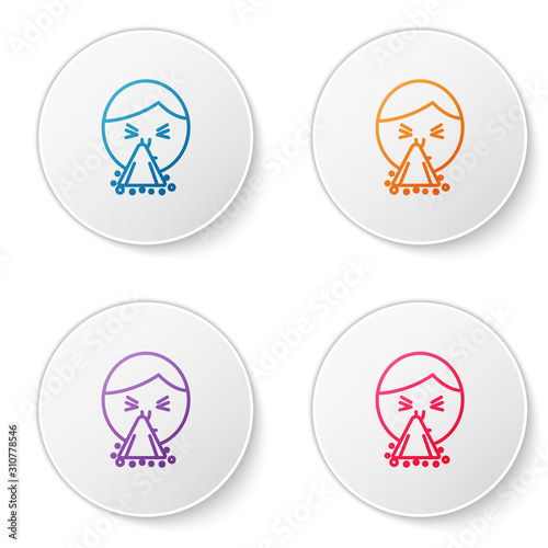 Color line Man holding handkerchief or napkin to his runny nose icon isolated on white background. Coryza desease symptoms. Set icons in circle buttons. Vector Illustration