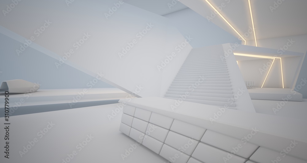 Obraz premium Abstract architectural white interior of a minimalist house with swimming pool and neon lighting. 3D illustration and rendering.