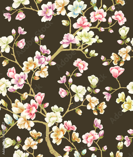 Magnolia flower seamless pattern drawing.Flower seamless pattern background. Elegant texture for backgrounds.Great for invitations, fabric, print, greeting cards decor