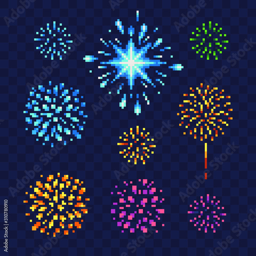 Festive firework bursting in various shapes pixel art icons set. Design of a congratulatory holiday card. Isolated vector illustration.