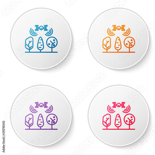 Color line Smart farm with drone control and tree icon isolated on white background. Innovation technology for agricultural company. Set icons in circle buttons. Vector Illustration
