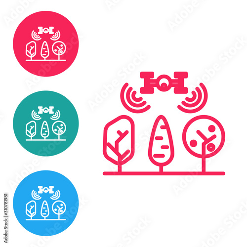 Red line Smart farm with drone control and tree icon isolated on white background. Innovation technology for agricultural company. Set icons in circle buttons. Vector Illustration