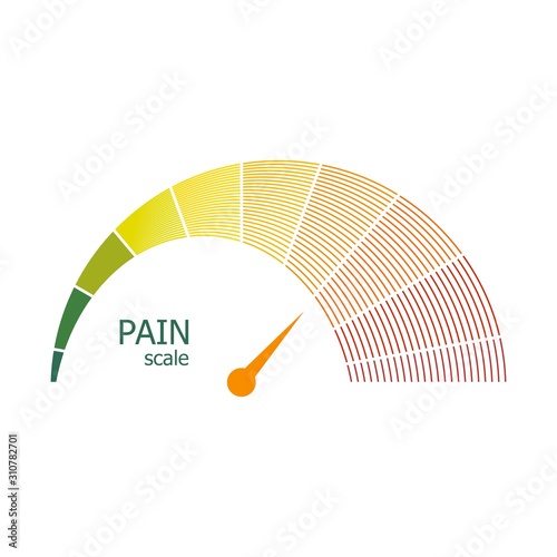 Color scale with arrow from green to red. The pain level measuring device icon. Sign tachometer, speedometer, indicators. Colorful infographic gauge element.