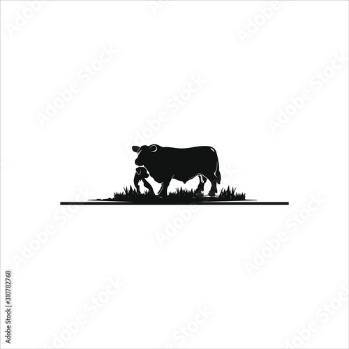 cattle logo Vintage illustration with cow, dog and cat vector in black color. Animal template Rural farm house and icon design inspiration.