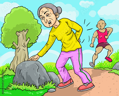 Senior woman get back pain when she doing exercise at the park