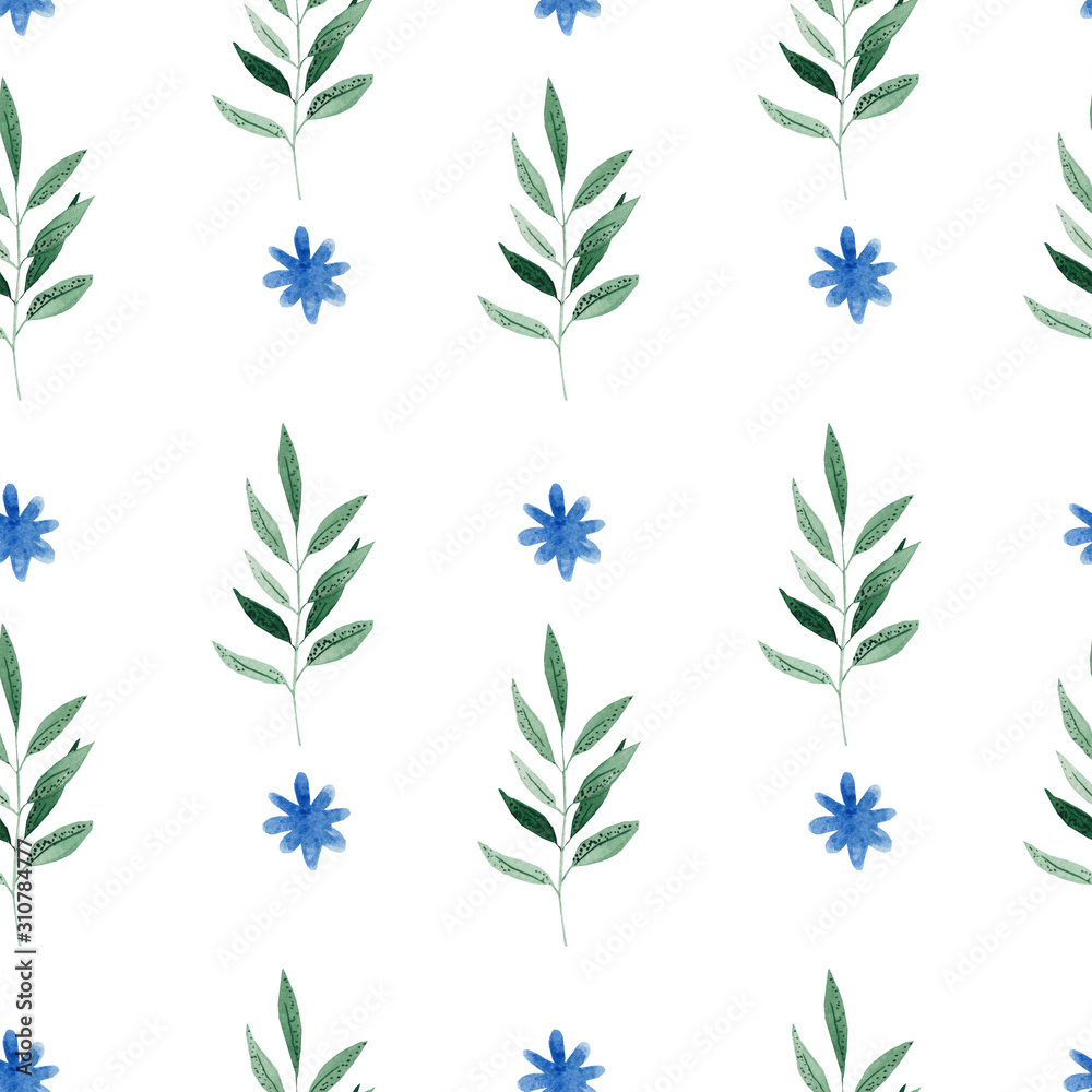 Floral seamless pattern.Colorful floral pattern with wild flowers and herbs on a white background, drawing watercolor.  Fabric wallpaper print texture.