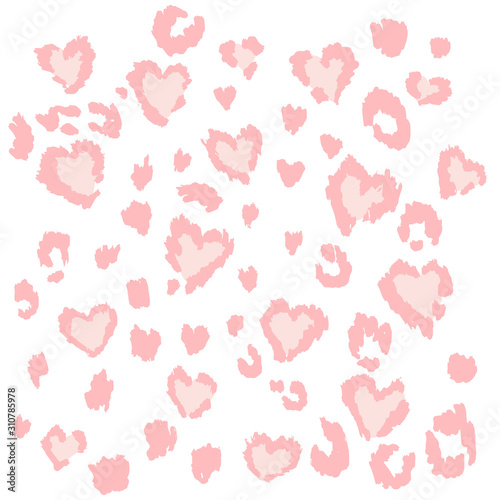 Leopard or jaguar print seamless pattern, textured fashion print, abstract safari background for fabric, textile. Effect of big tropical wild cat fur, spots stylized as hearts with pink camouflage