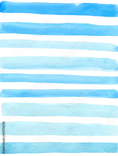 Watercolor hand drawn stripe background. Blue watercolor stripes isolated pattern.