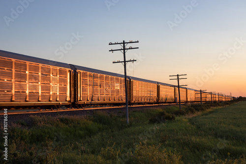 Row of Auto Carrying Train Cars at Sunset on Prairie