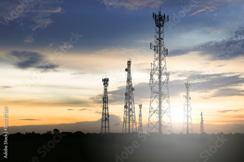 Telecommunication antenna Communication has a sunset background