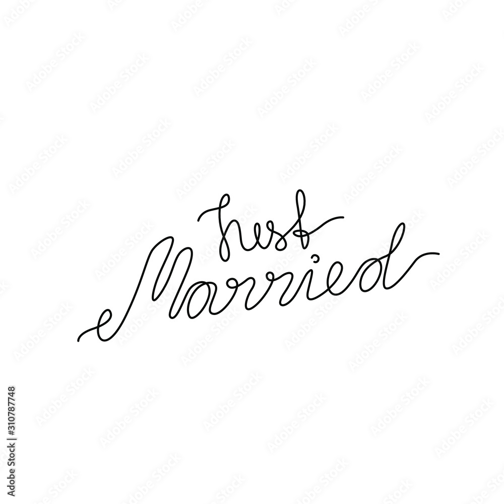 Just married, lettering phrase, continuous line drawing, design element for poster, banner, card, print for clothes, emblem or logo design, one single line, isolated vector illustration.