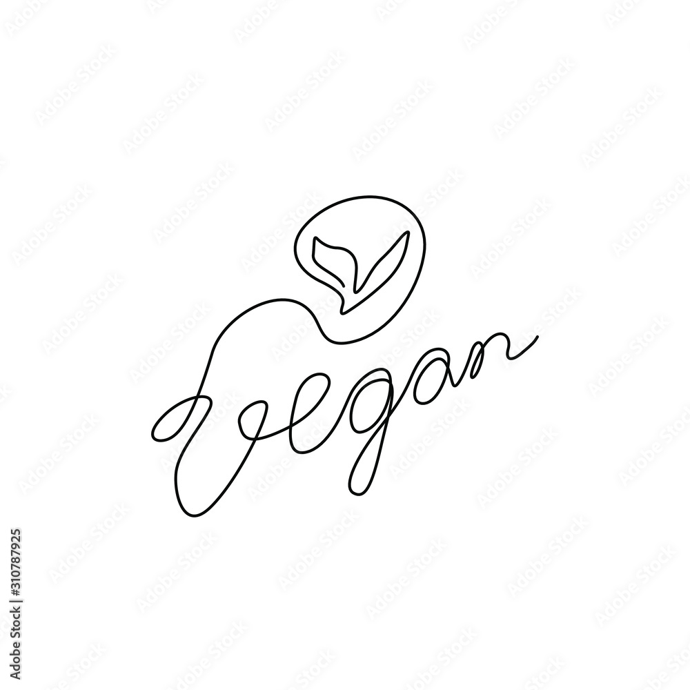 Vegan with leaf emblem or logo design, continuous line drawing, hand lettering small tattoo, print for clothes, t-shirt, one single line on a white background, isolated vector illustration. Vegan with leaf emblem or logo design, continuous line drawing, hand lettering small tattoo, print for clothes, t-shirt, one single line on a white background, isolated vector illustration.