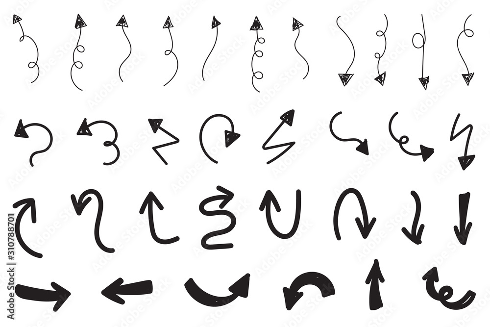 Hand drawn arrow vector icons set. sketch arrow design for business plan and education.