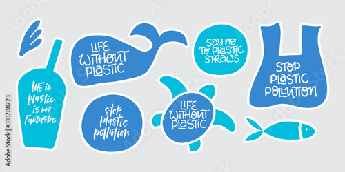 No more plastic word stickers set. Environment pollution, ecological problem