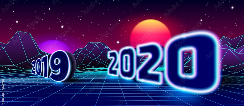 Welcoming 2020 neon sign and farewell 2019 for 80s styled retro New Years Eve celebration with arcade game grid landscape and purple sun