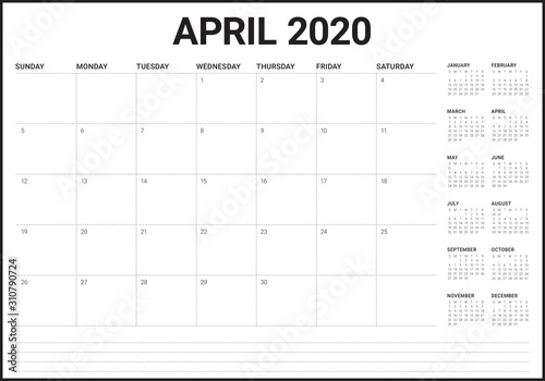 April 2020 desk calendar vector illustration