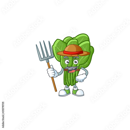 Happy Farmer spinach cartoon mascot with hat and tools