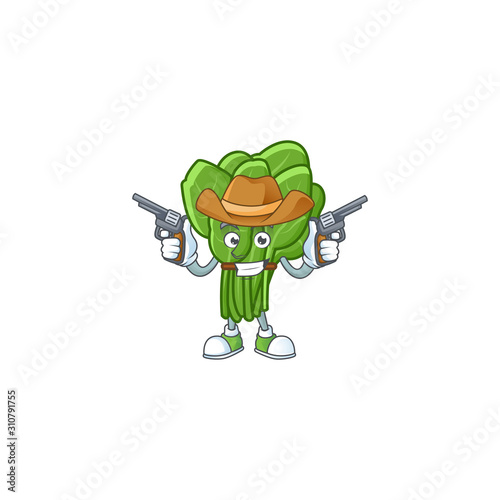 Smiling spinach mascot icon as a Cowboy holding guns