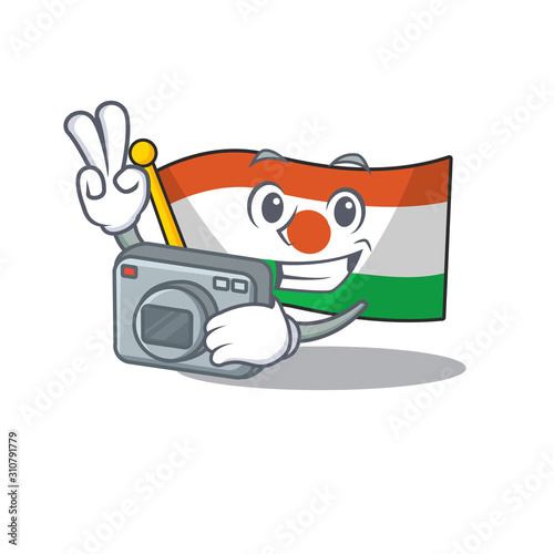 a professional Photographer flag niger Scroll mascot style with a camera