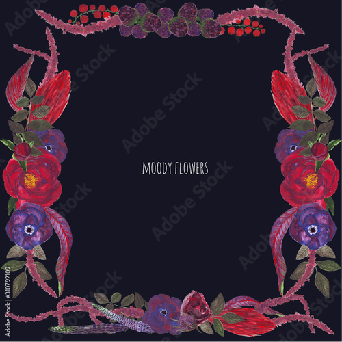Hand-drawn gouache textured set of flowers, leaves and berries in the style of Moody flowers on the dark wall background