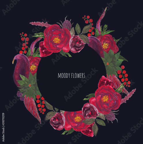 Hand-drawn gouache textured set of flowers, leaves and berries in the style of Moody flowers. Wreath on the dark wall background.