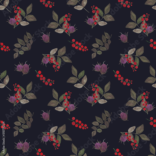 Hand-drawn gouache textured seamless pattern of flowers, leaves and berries in the style of Moody flowers