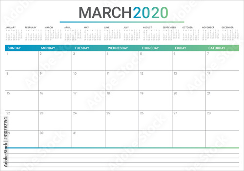 March 2020 desk calendar vector illustration