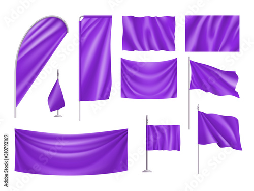 Violet rectangular flags set isolated on white background. Realistic wavy flag on pole, expo banner, drop and desk flag mockups. Product branding, company corporate identity vector illustration.