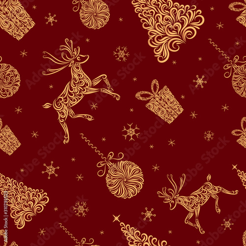Christmas seamless pattern. Set of Christmas trees, Christmas balls, deer and gift. Image in burgundy and gold colors.