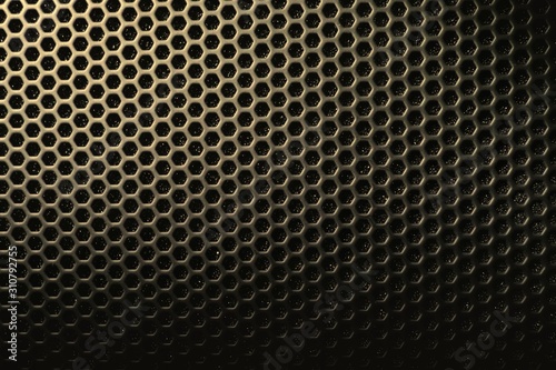 Hexagon mesh grill metal shading with holes texture background, geometric pattern, steel materials of speaker cover in yellow tone 