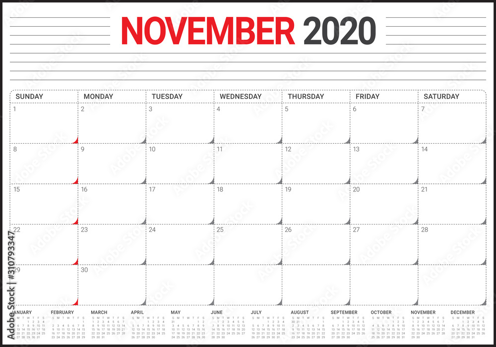 November 2020 desk calendar vector illustration November 2020 desk calendar vector illustration