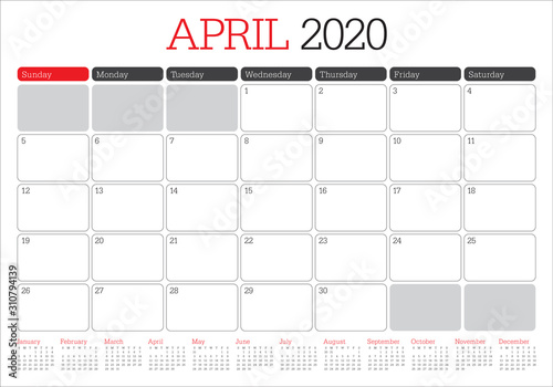 April 2020 desk calendar vector illustration