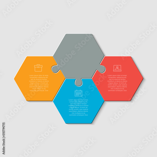 Three puzzle jigsaw hexagon line info graphic.