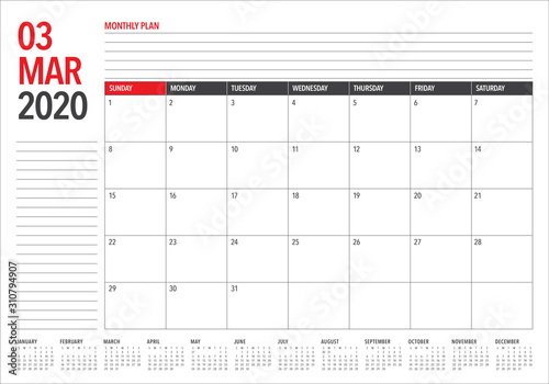 March 2020 desk calendar vector illustration