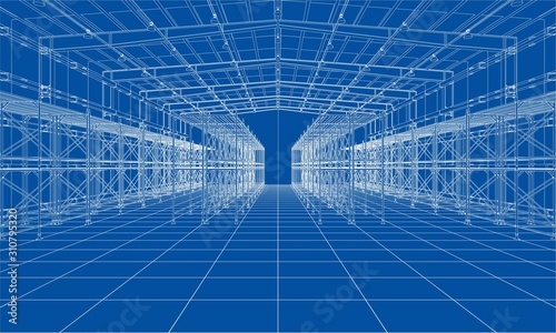 Drawing or sketch of warehouse with shelves