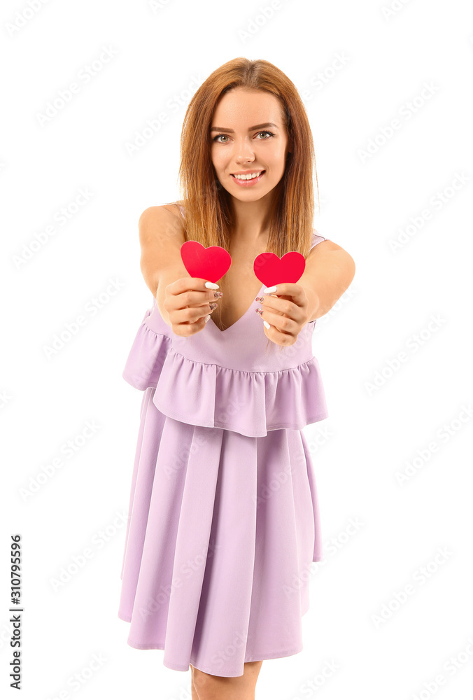 Beautiful young woman with small red hearts on white background Beautiful young woman with small red hearts on white background