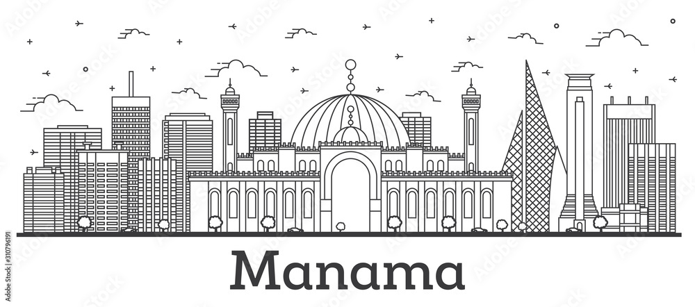 Outline Мanama Вahrain City Skyline with Modern Buildings Isolated on White. Vector Illustration. Мanama Cityscape with Landmarks. 