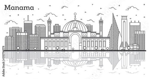 Outline Мanama Вahrain City Skyline with Modern Buildings and Reflections Isolated on White.