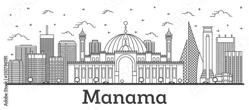 Fototapeta Naklejka Na Ścianę i Meble -  Outline Мanama Вahrain City Skyline with Modern Buildings Isolated on White. Vector Illustration. Мanama Cityscape with Landmarks. 