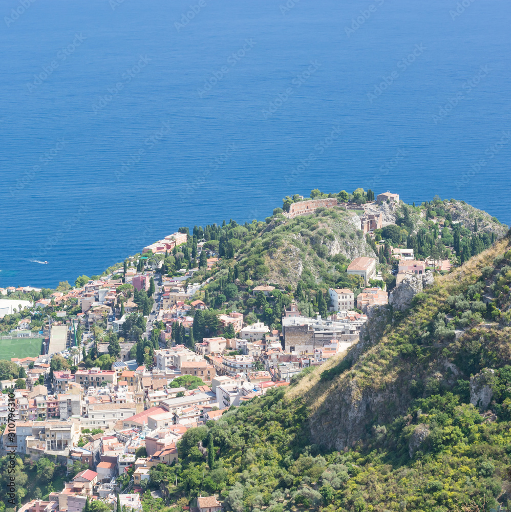 View with sea and Taormina Sicily in square format