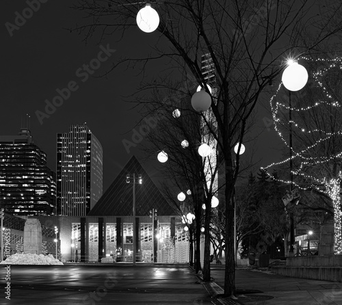 Edmonton City Hall and Churchill Square at dusk in December.