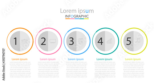 Infographic business concept design with icons and 5 options or steps. Thin line vector. Can be used for flow charts, presentations, web sites, banners, printed materials. EPS 10