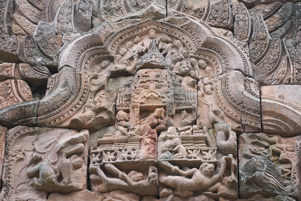 Buriram,Thailand-December 8, 2019: Relief of gods at Phnom Rung, Buriram's Khmer temple on volcano, in Thailand Buriram,Thailand-December 8, 2019: Relief of gods at Phnom Rung, Buriram's Khmer temple on volcano, in Thailand