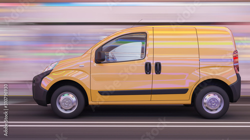 Side View of a Yellow Mini Van in Motion 3D Rendering